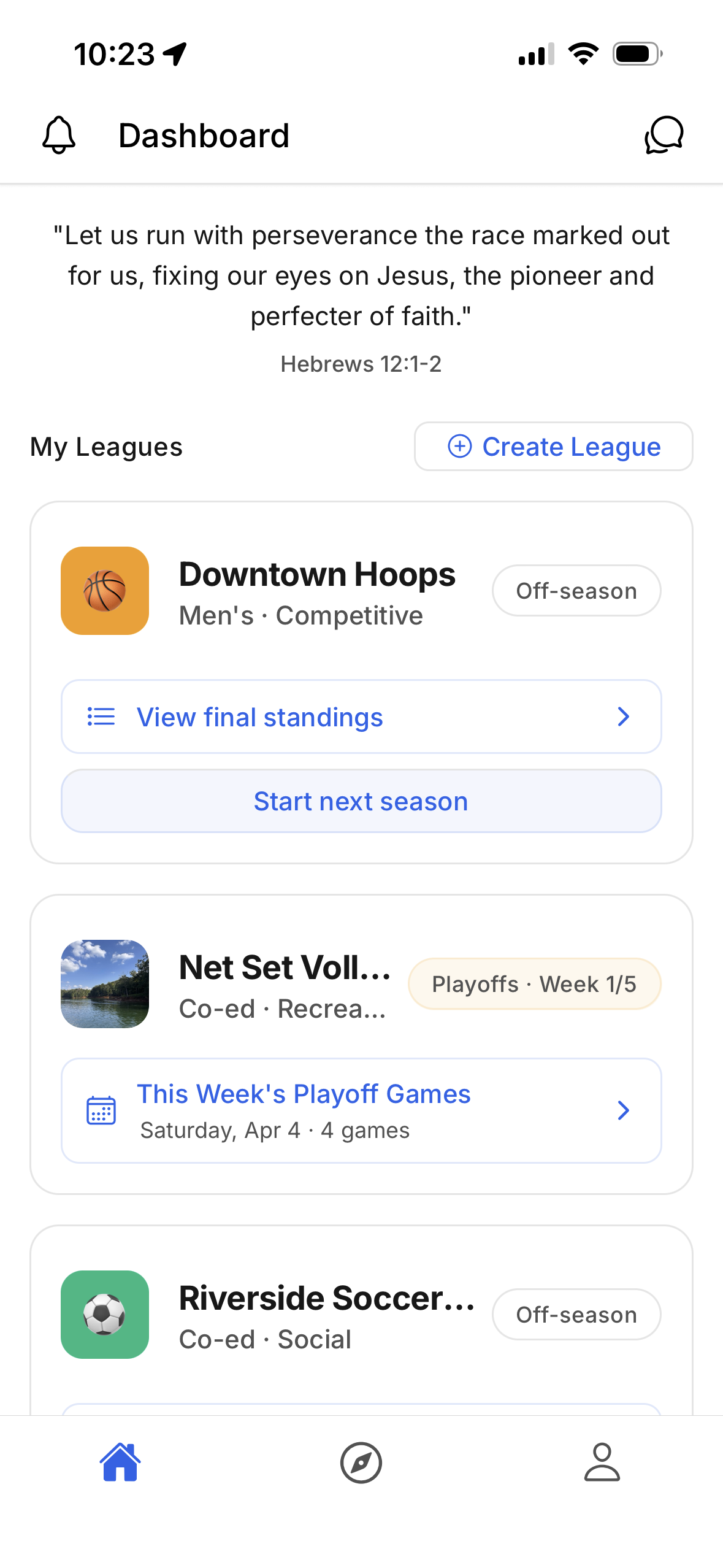 Rek app dashboard showing My Leagues, playoff weeks, and create league