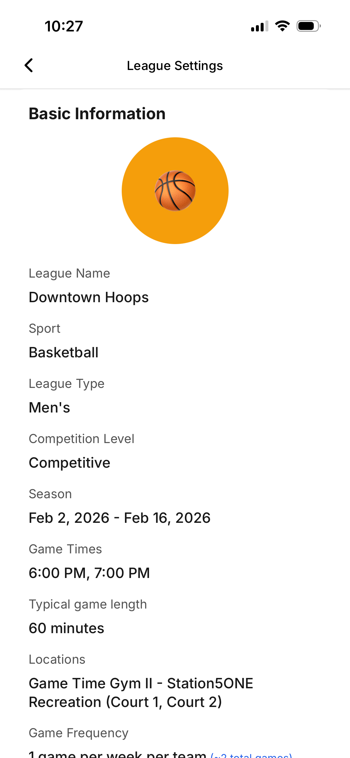 League settings with basic information for organizers