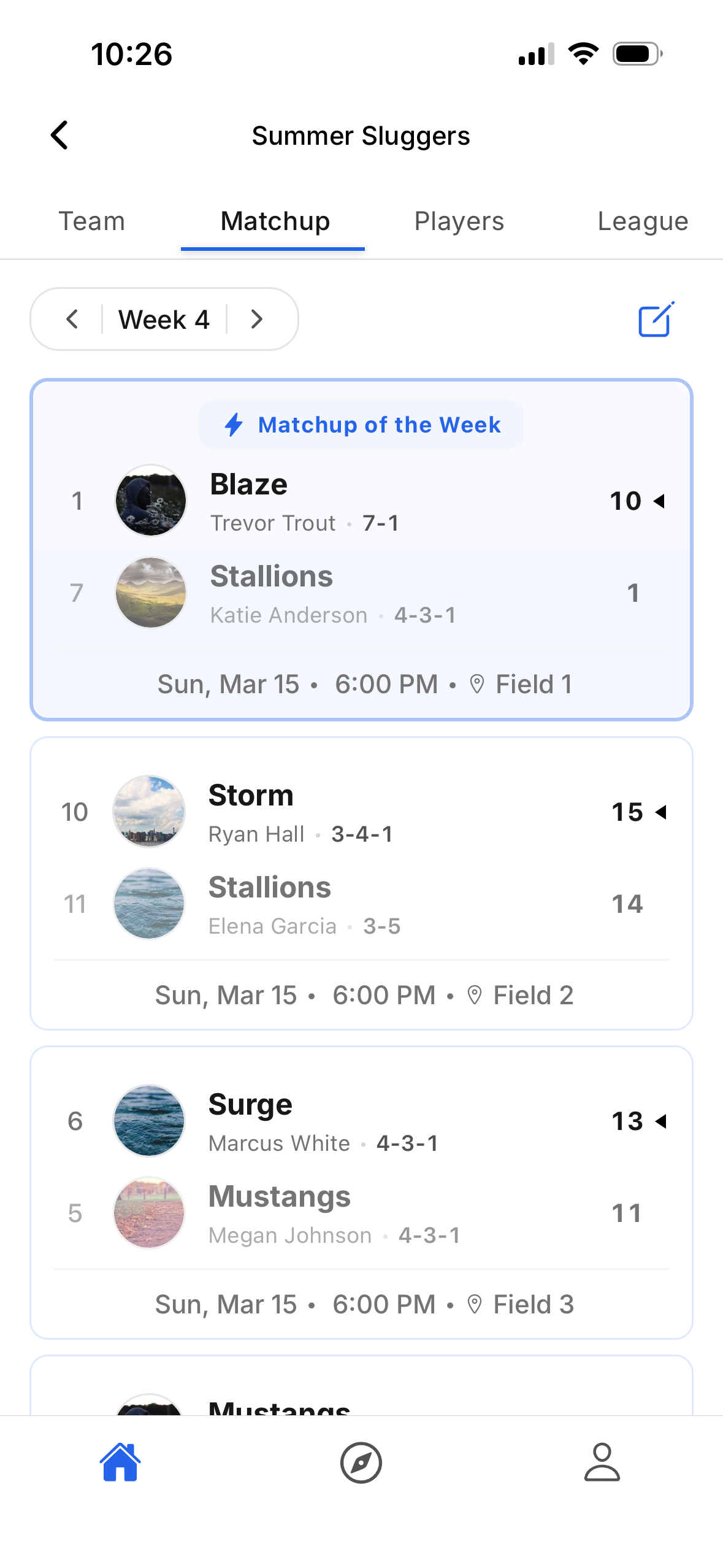 Weekly matchups with scores and game details
