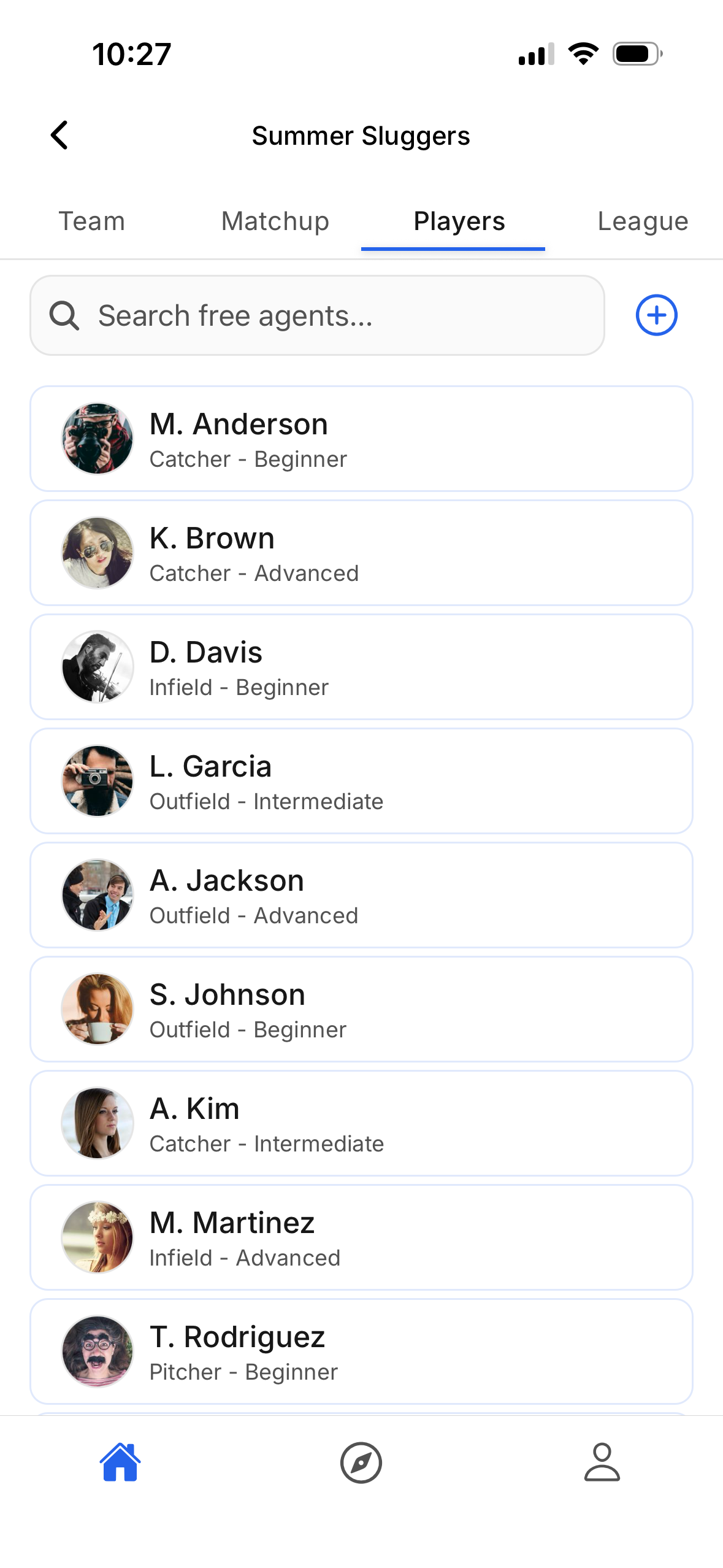 Players tab with free agent search and roster recruiting