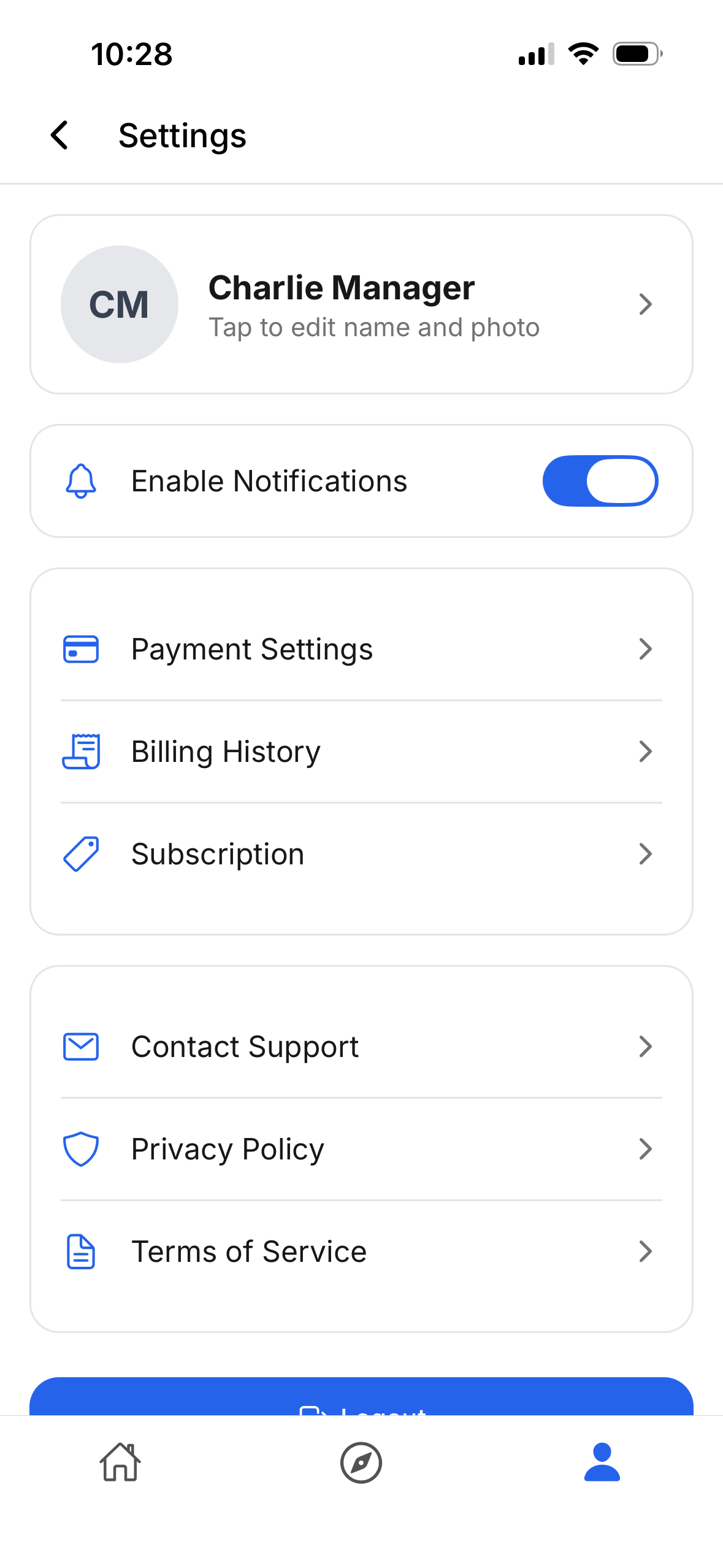 Profile and settings with notifications, billing, subscription, and support