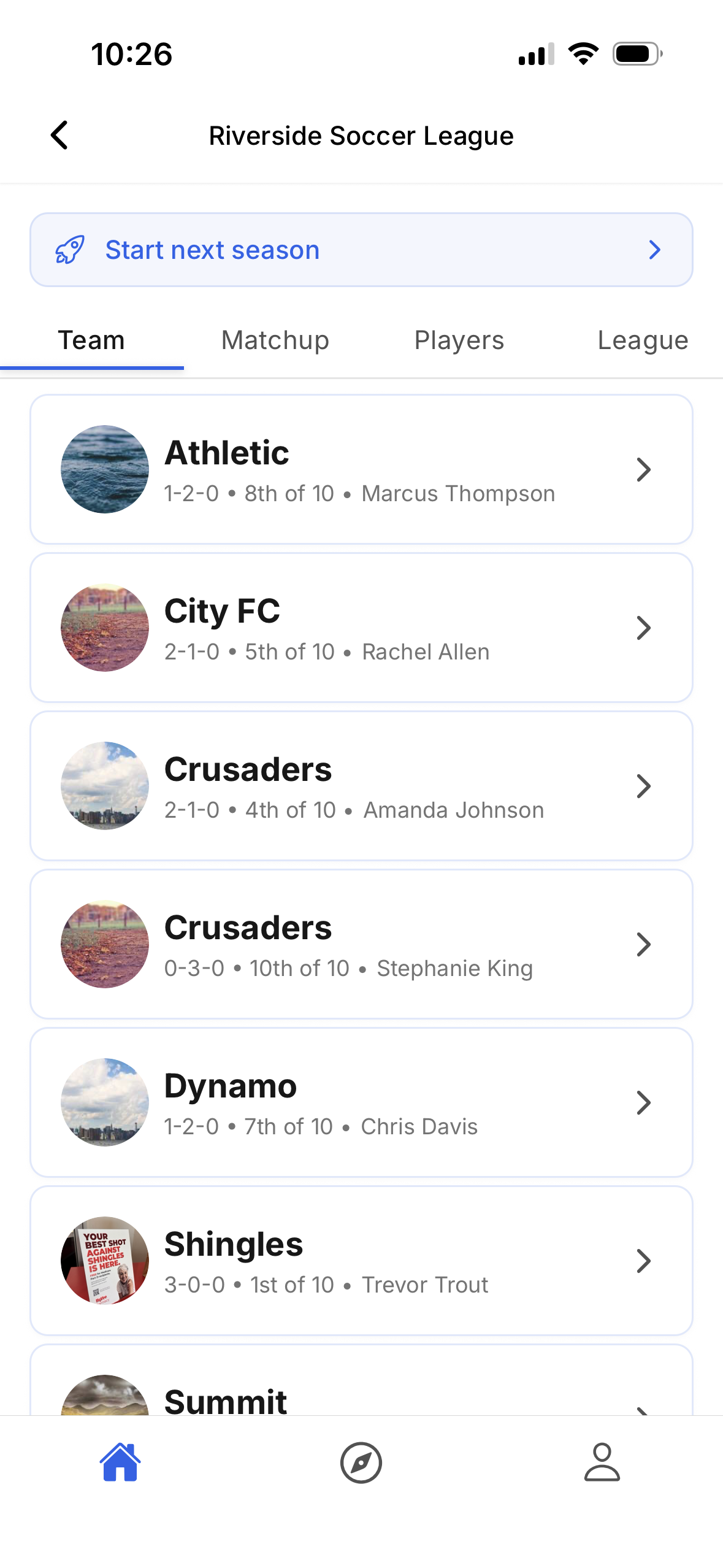 League teams list with records and managers